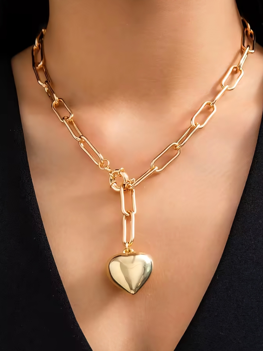 Gold Heart Pendant Paperclip Chain Necklace - Women Jewelry